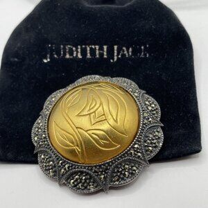 Judith Jack JJ VTG Marcasite Sterling Silver Gold Plate Etched Floral Brooch Pin